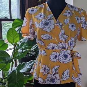 Yellow floral wrap blouse